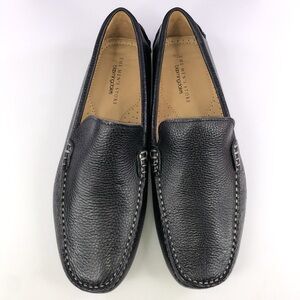 The Men's Store Black Leather Slip-On Loafers with Contrast Stitching